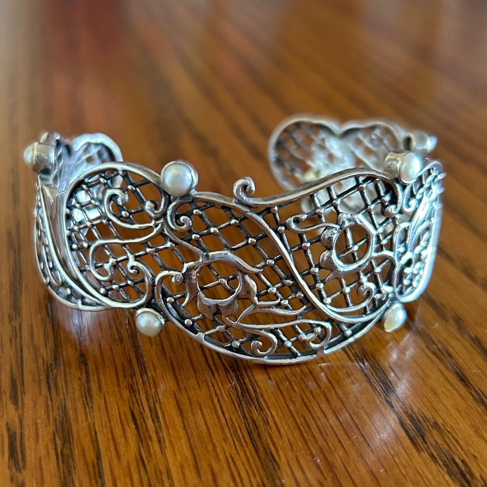 Silpada Sterling Silver Filigree Cuff Bracelet with Freshwater Pearl Accents